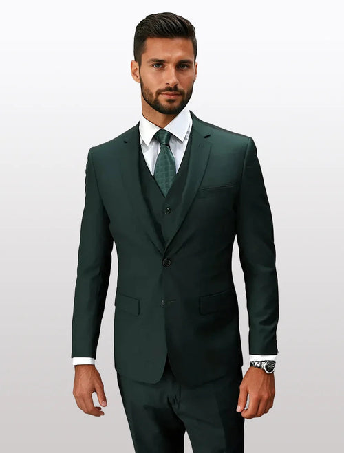 Men’s Hunter Green Vested Suit, Statement Formal Wedding Prom 3 Piece Suit Set