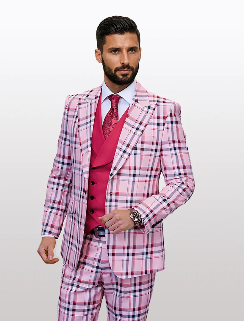 Statement Men's Hunter Pink Tartan Patterned Vested Suits - 34 Short or Extra Small