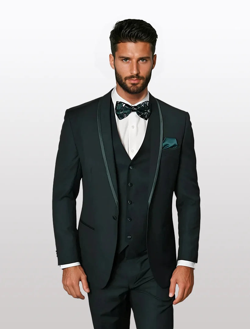 Statement Men's Hunter with Trim Lapel Vested 100% Wool Tuxedos - 34 Short or Extra Small