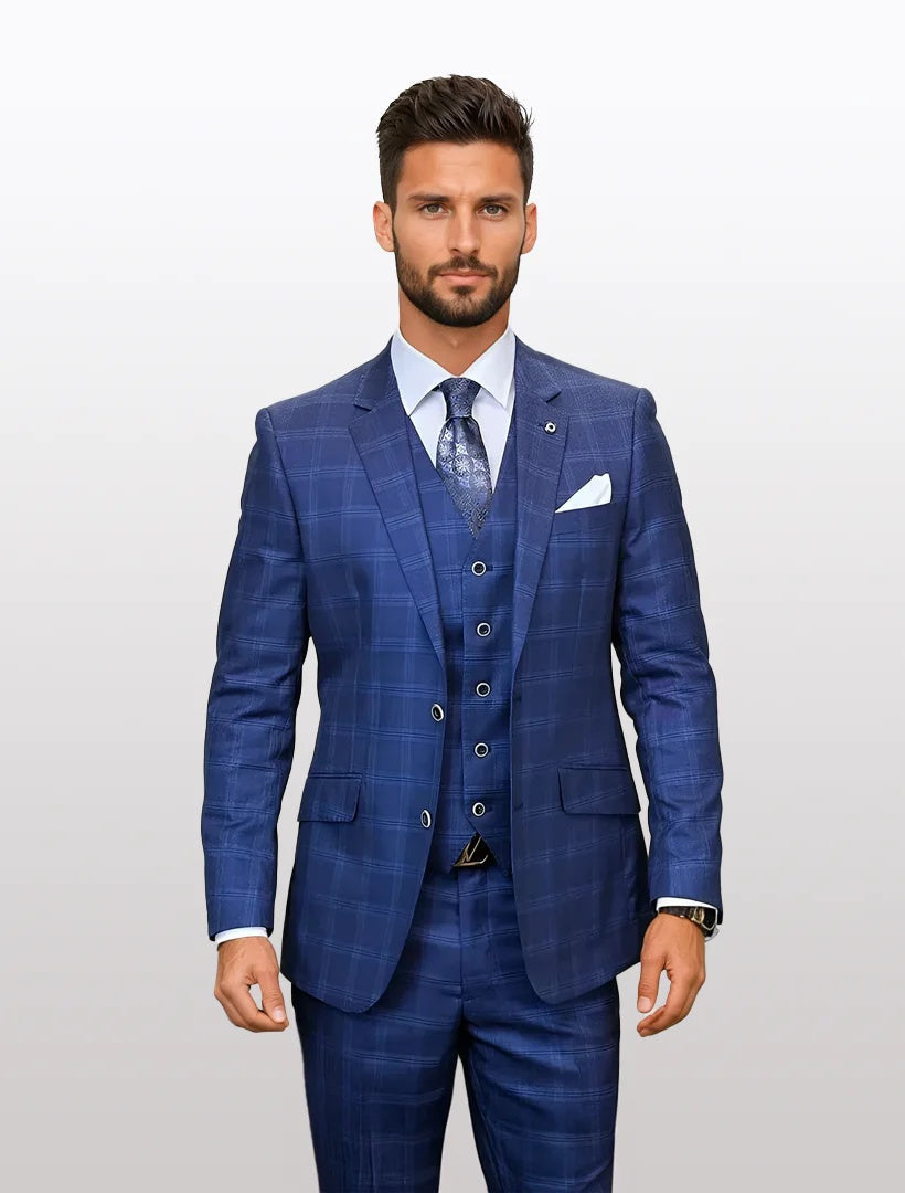 Statement Men's Indigo Plaid Modern Fit 100% Wool Vested Suits - 34 Short or Extra Small