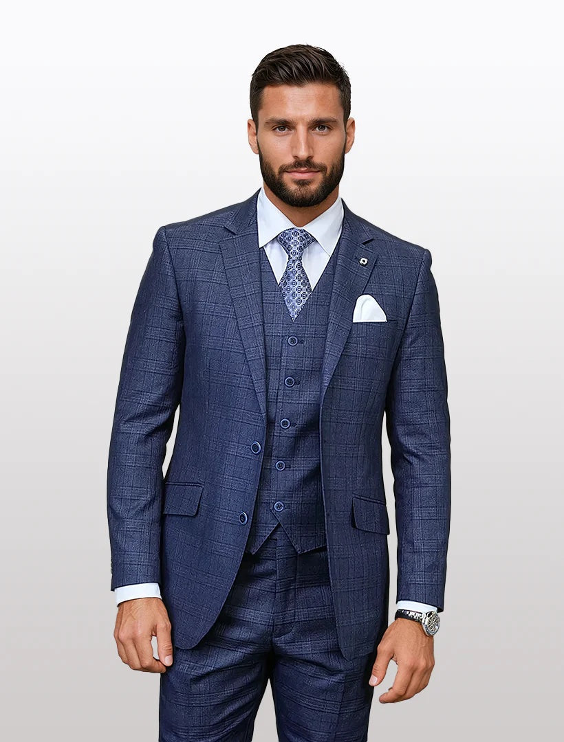 Statement Men's Indigo Windowpane Plaid Modern Fit 100% Wool Vested Suits - 34 Short or Extra Small