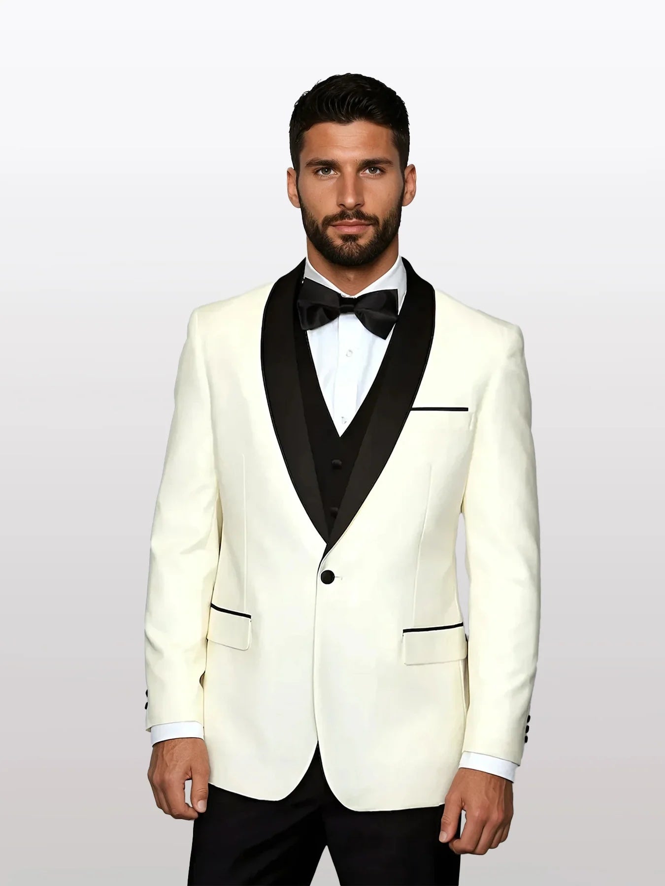Statement Men's Ivory with Black Lapel Vested 100% Wool Tuxedos - 34 Short or Extra Small