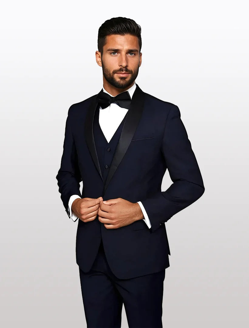 34 Statement Men's Navy with Black Lapel Vested 100% Wool Tuxedos