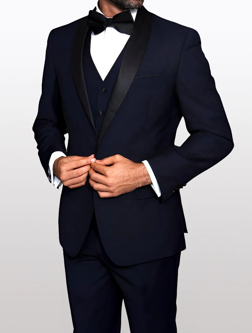 Statement Men's Navy with Black Lapel Vested 100% Wool Tuxedos - 34 Short or Extra Small