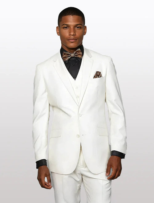 Men’s Off White 100% Wool Vested Suit, Solid Formal Wedding Prom 3 Piece Suit Set