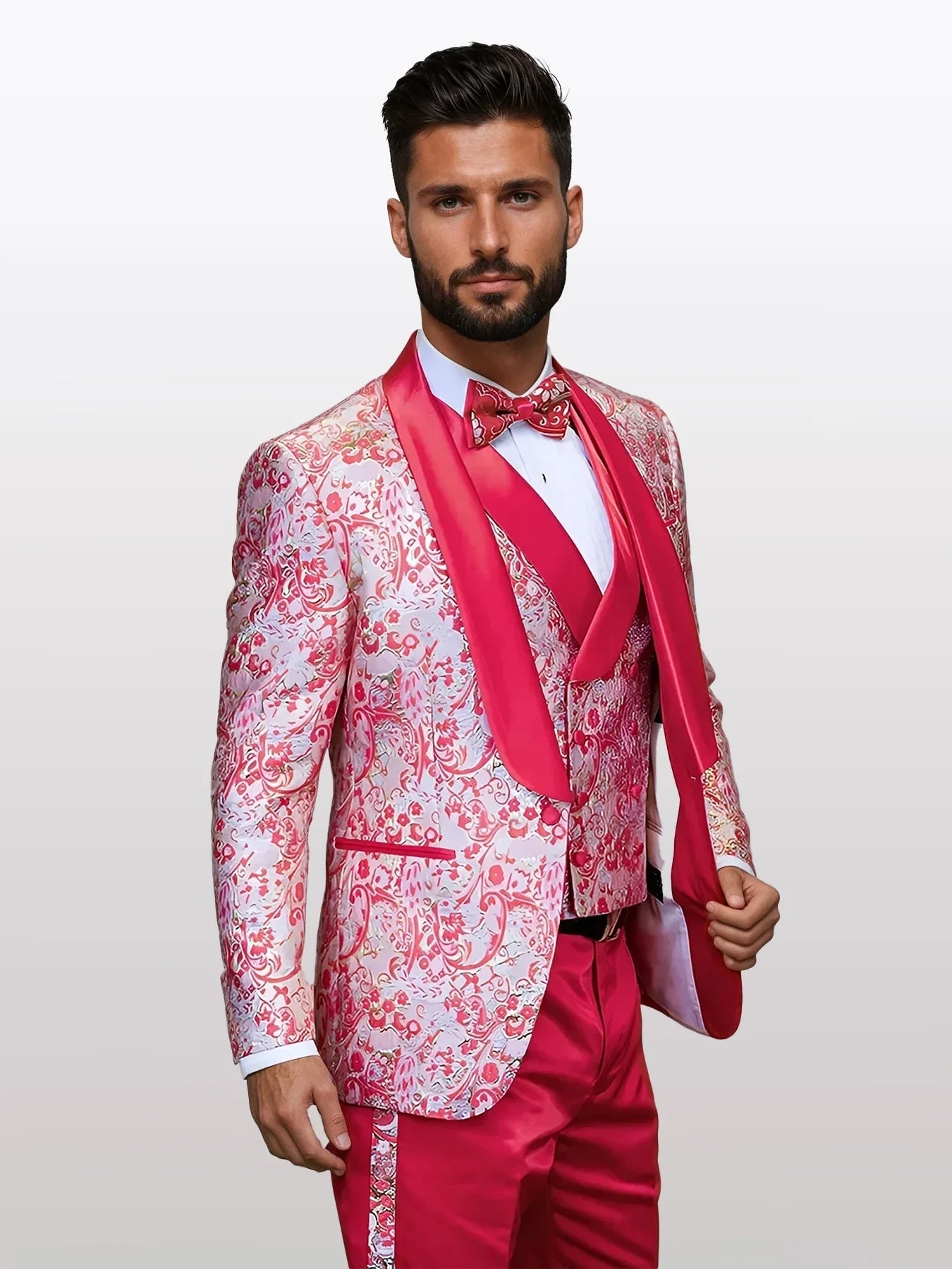 Statement Men's Off Coral Patterned Vested Tuxedos with Bowtie - 34 Short or Extra Small