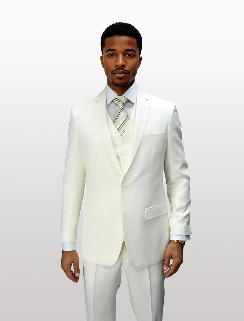 Statement Men's Off White 100% Wool Slim Fit Suits - 34 Short or Extra Small