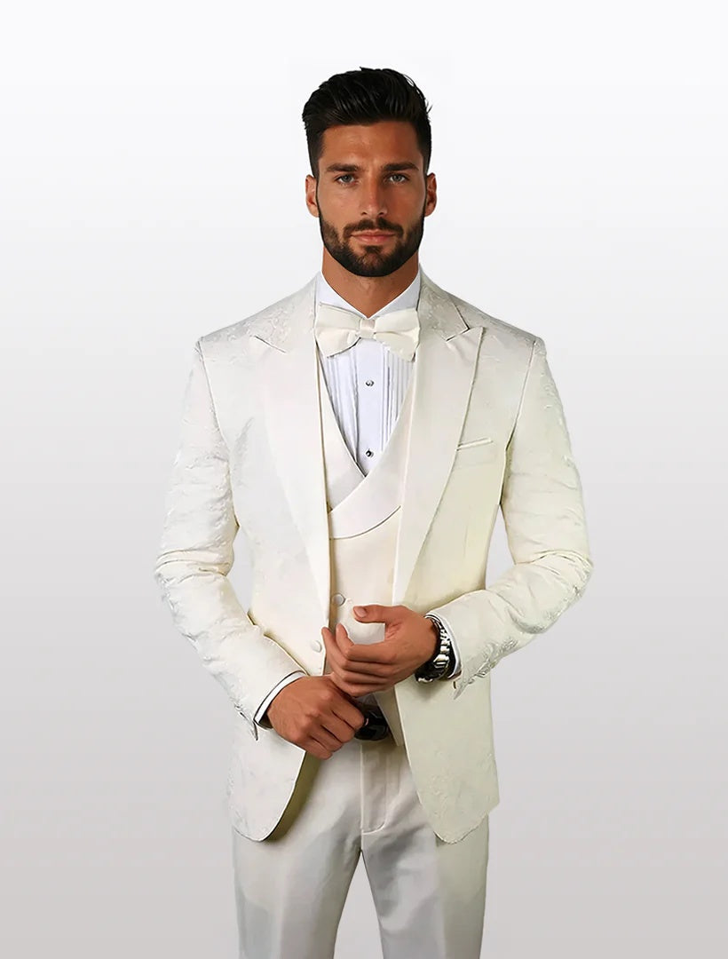 Statement Men's Off White Patterned Vested Tuxedos with Bowtie - 34 Short or Extra Small