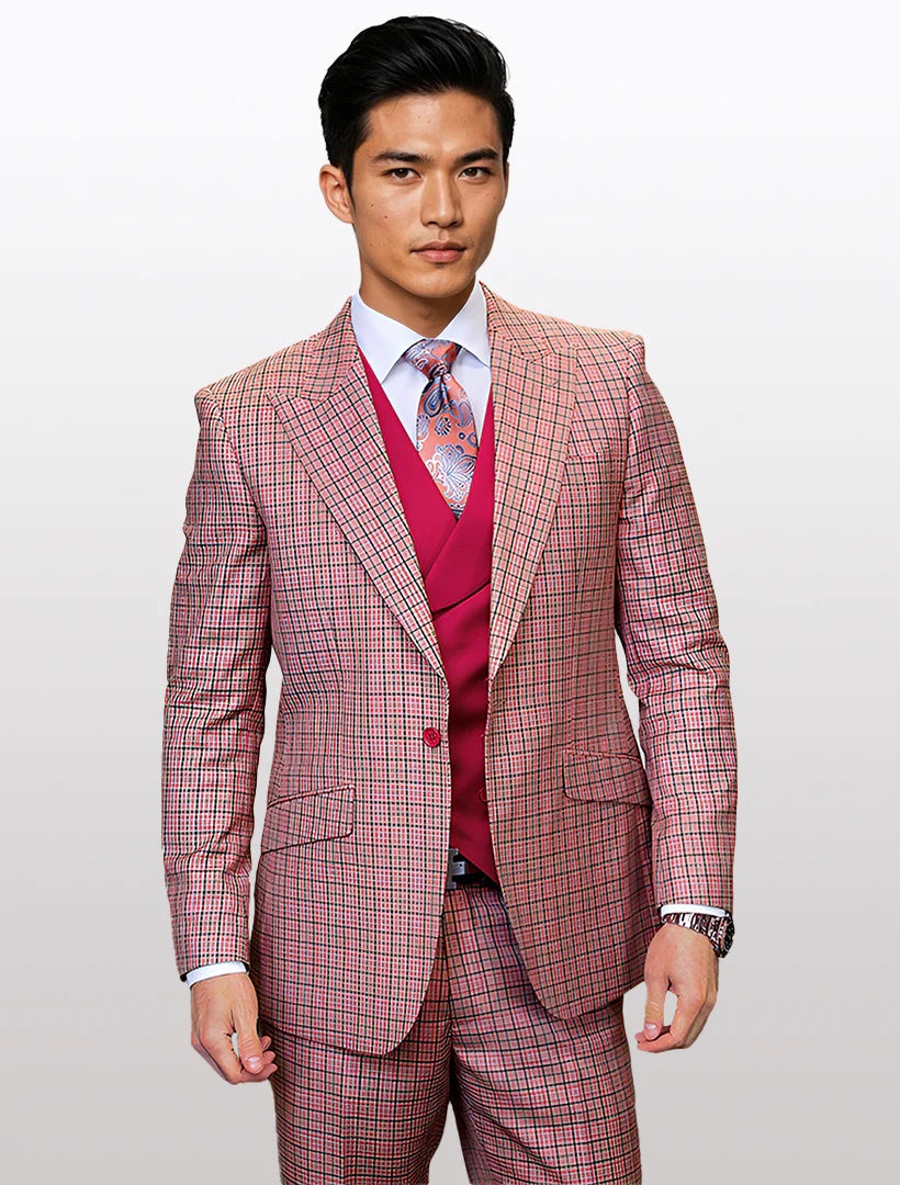 Statement Men's Red Graphic Modern Fit 100% Wool Vested Suits - 34 Short or Extra Small