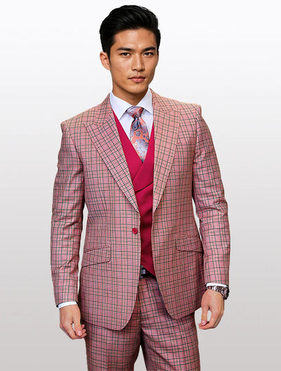 Statement Men's Red Graphic Modern Fit 100% Wool Vested Suits