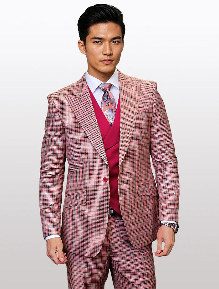 Statement Men's Red Graphic Modern Fit 100% Wool Vested Suits