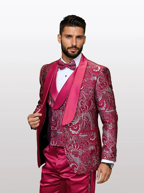 Statement Men’s Red Patterned Vested Tuxedo with Bowtie, Paisley Formal Wedding Prom Suit Set