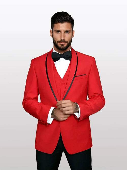 Statement Men’s Red 100% Wool Vested Tuxedo with Black Trim Fine Lapel, Wedding Prom Formal Suit Set
