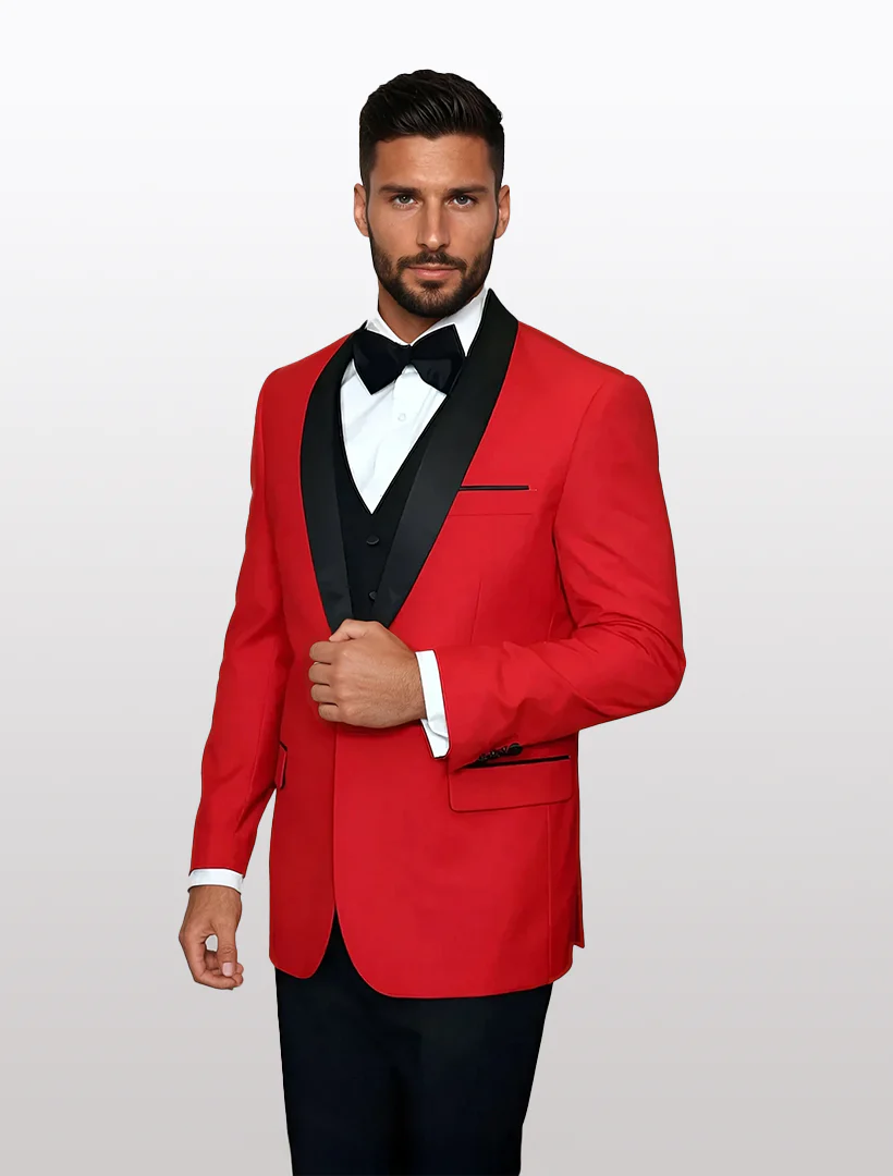 Statement Men's Red with Black Lapel Vested 100% Wool Tuxedos - 34 Short or Extra Small