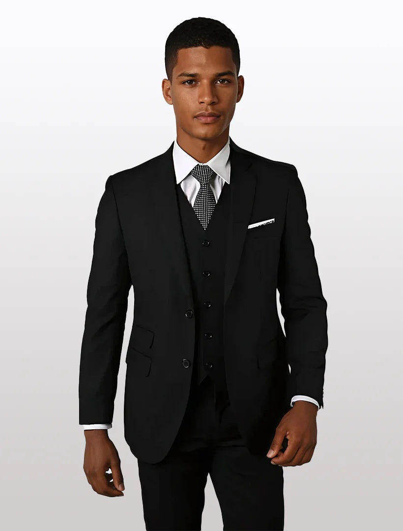 Statement Men's Solid Black Tailored Fit 100% Wool Vested Suits - 34 Short or Extra Small