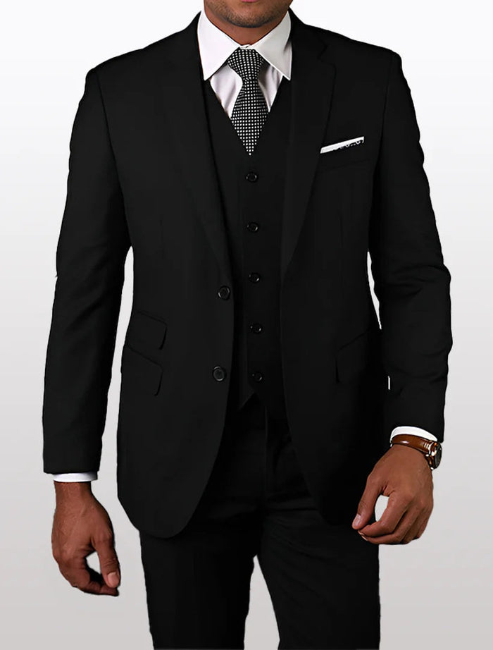Statement Men's Solid Black Tailored Fit 100% Wool Vested Suits