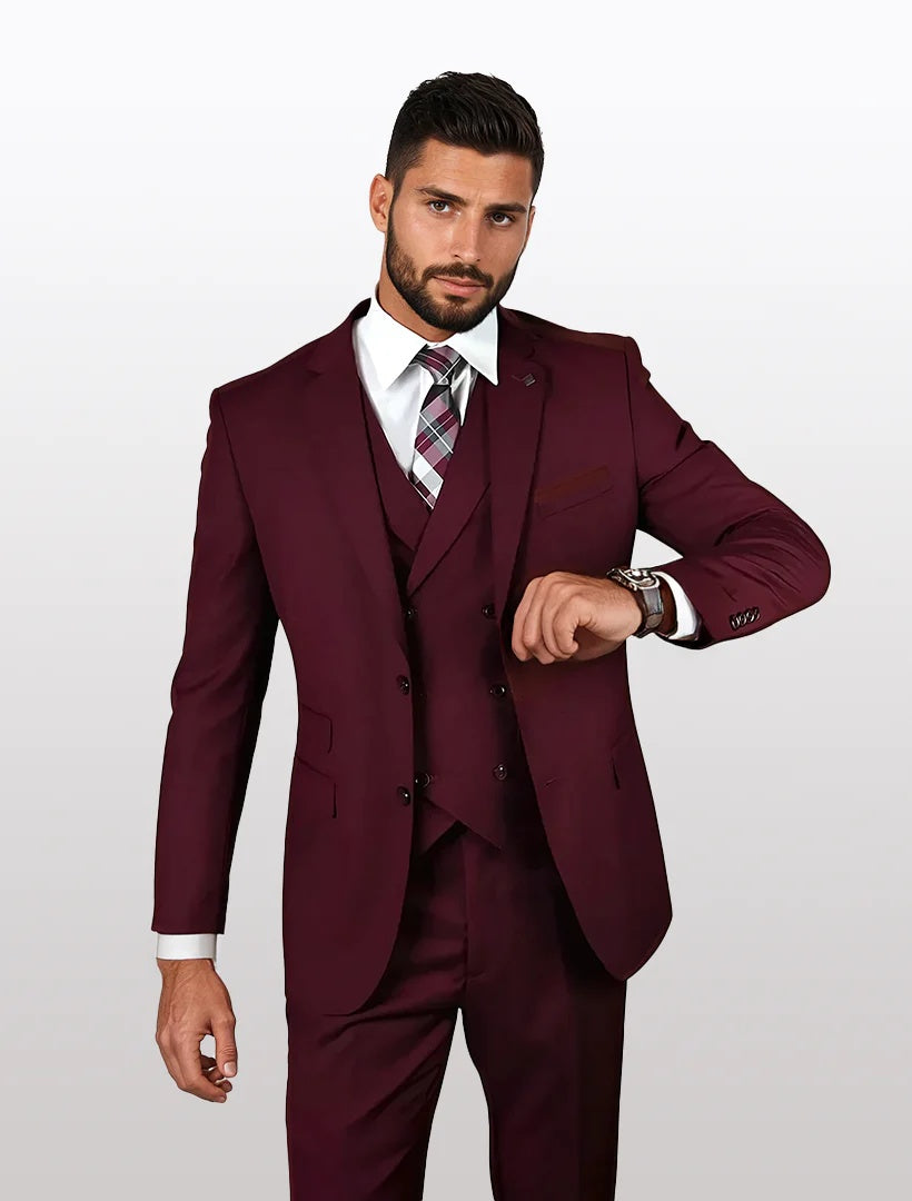 Statement Men's Solid Burgundy with Double-Breasted Vest 100% Wool Vested Suits - 34 Short or Extra Small