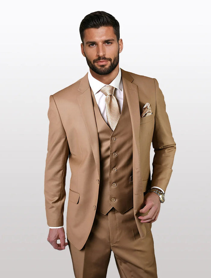Statement Men’s Solid Caramel 100% Wool Vested Suit, Formal Wedding Business 3 Piece Suit Set