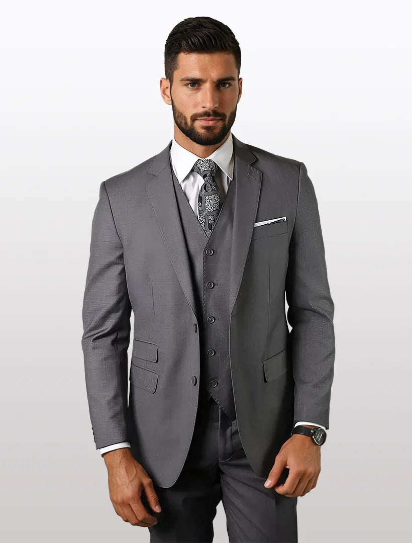 Statement Men's Solid Grey Tailored Fit 100% Wool Vested Suits - 34 Short or Extra Small