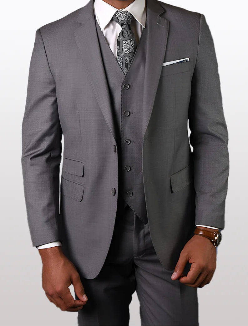 Statement Men's Solid Grey Tailored Fit 100% Wool Vested Suits - 34 Short or Extra Small