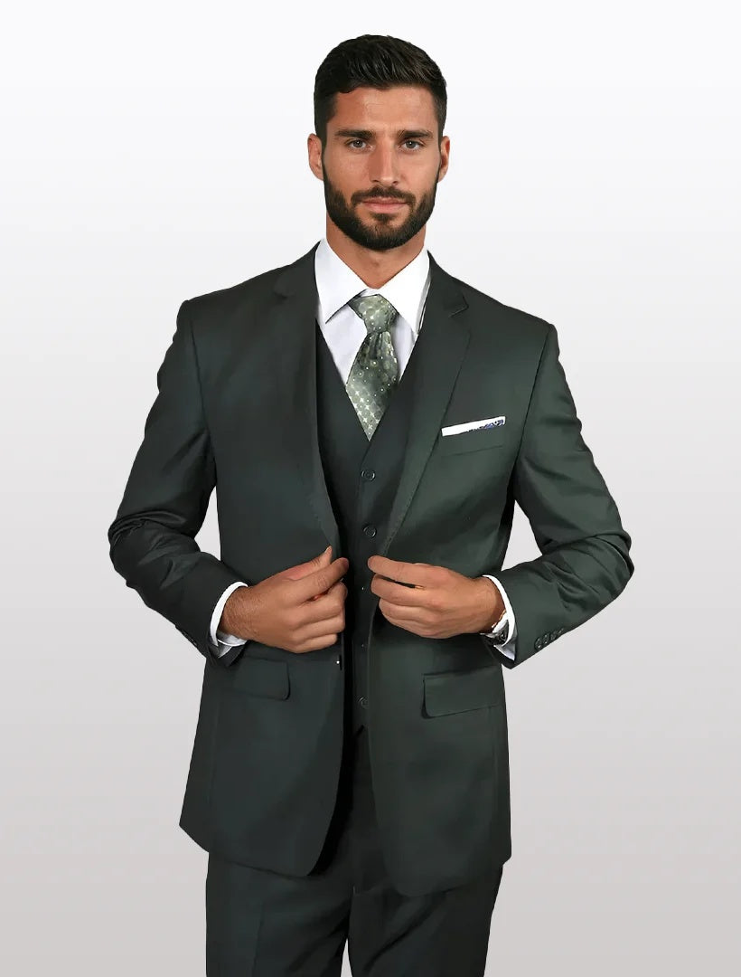 Statement Men's Solid Hunter Green 100% Wool Vested Suits (Tailored Fit) - 34 Short or Extra Small
