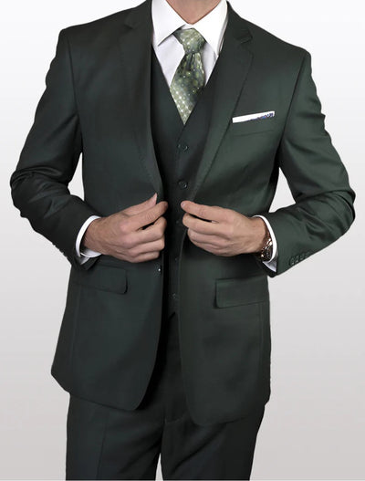 Statement Men's Solid Hunter Green 100% Wool Vested Suits (Tailored Fit)