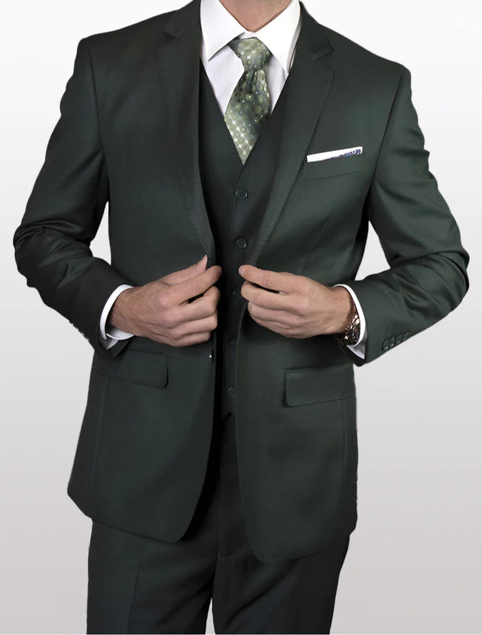 Statement Men's Solid Hunter Green 100% Wool Vested Suits (Tailored Fit)