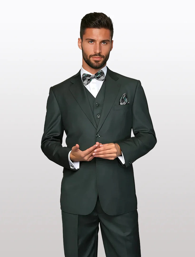 Statement Men's Solid Hunter Green 100% Wool Vested Suits (Modern Fit)