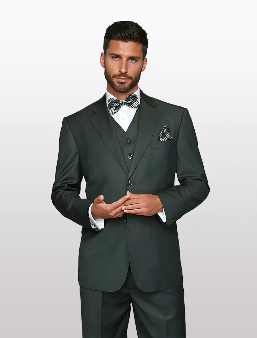 Statement Men's Solid Hunter Green Wool Blend Vested Suits (Tailored Fit)