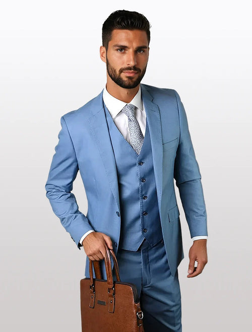 Statement Men’s Solid Steel Blue 100% Wool Vested Suit, Formal Wedding Business 3 Piece Suit Set