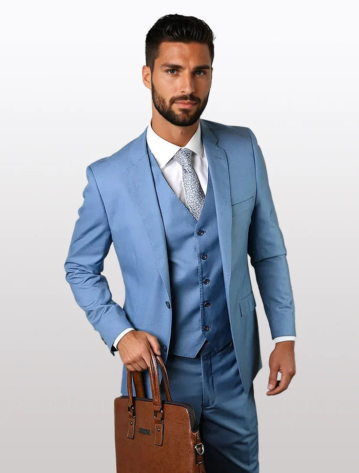 Statement Men’s Solid Steel Blue 100% Wool Vested Suit, Formal Wedding Business 3 Piece Suit Set