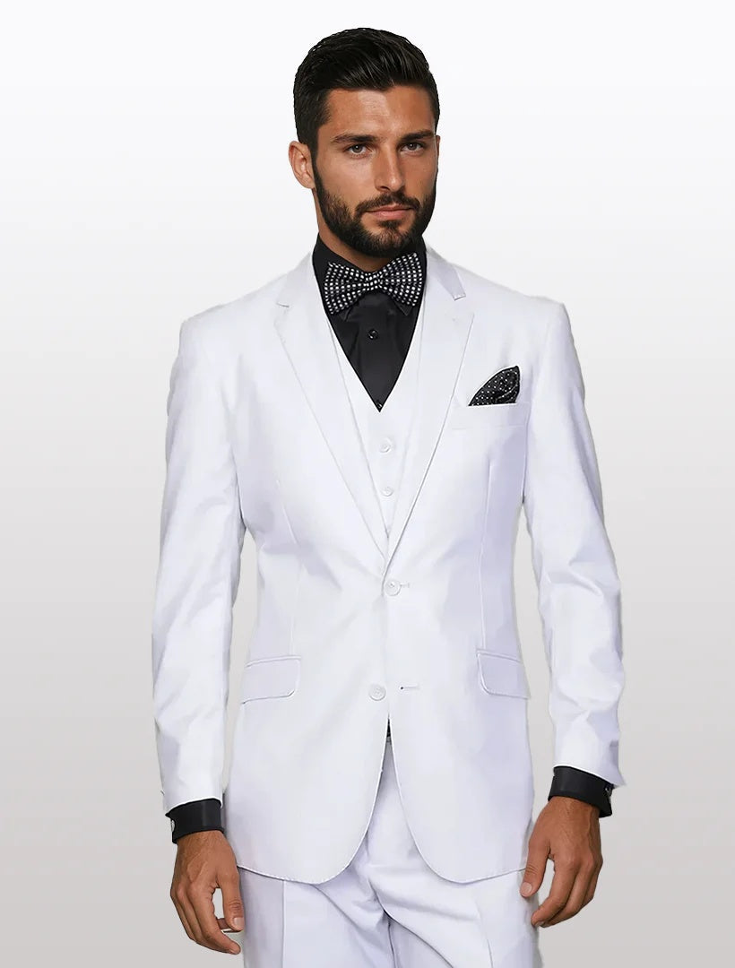 34 Statement Men's Solid White Modern Fit 100% Wool Vested Suits