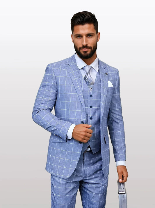 Statement Men's Steel Blue Windowpane Modern Fit Vested Suits