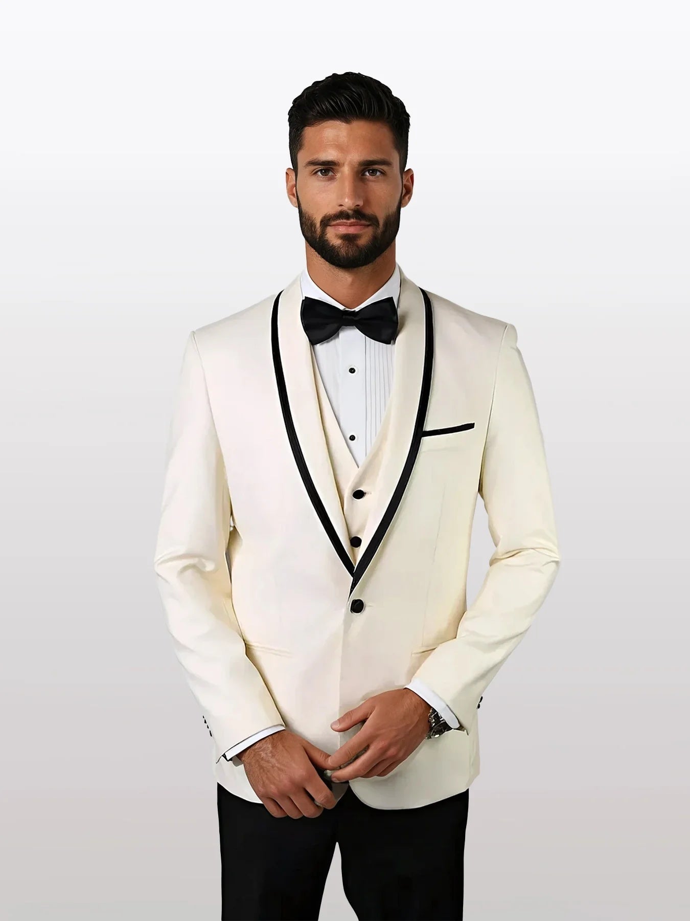 Statement Men's White Vested with Black Trim Fine Lapel 100% Wool Tuxedos - 34 Short or Extra Small