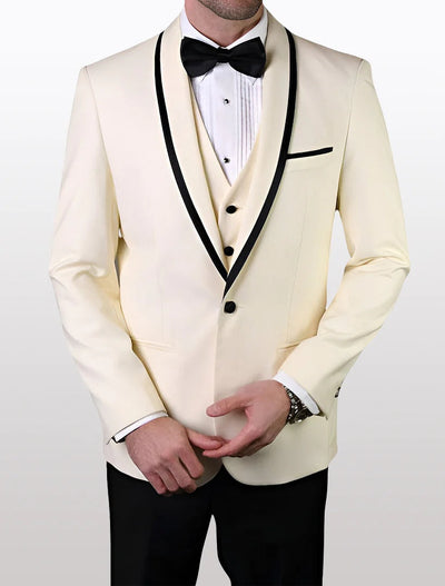 Statement Men's White Vested with Black Trim Fine Lapel 100% Wool Tuxedos