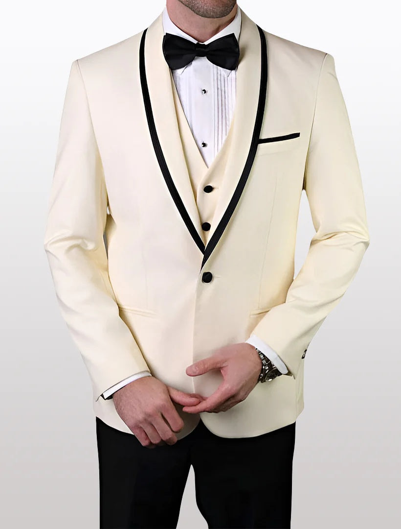 Statement Men's White Vested with Black Trim Fine Lapel 100% Wool Tuxedos