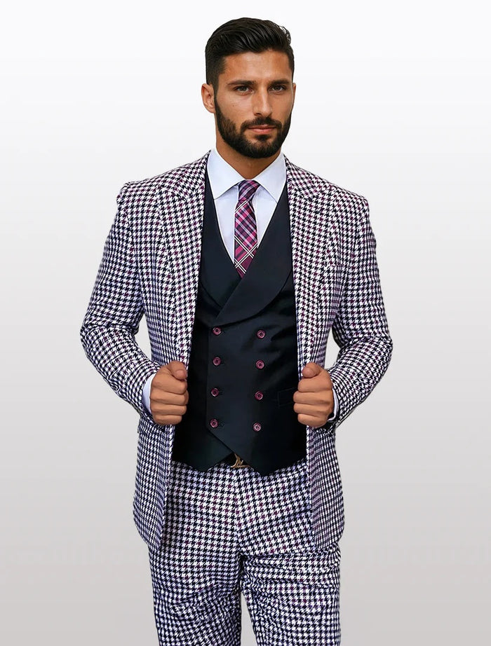 Statement Men's White and Burgundy Houndstooth 100% Wool Vested Suits