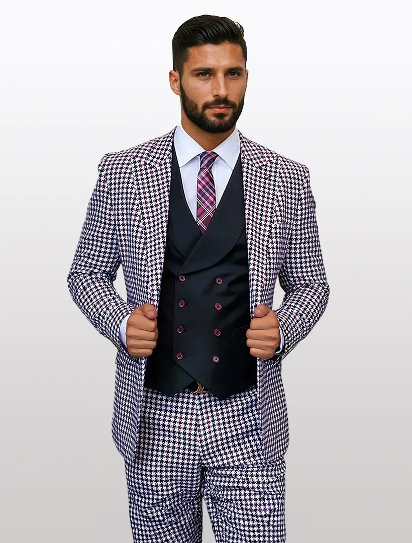 Statement Men's White and Burgundy Houndstooth 100% Wool Vested Suits
