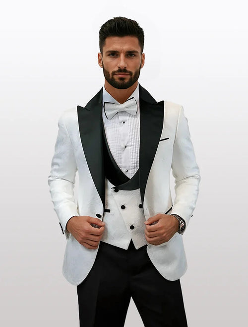 Statement Men’s White and Black Vested Tuxedo, Peak Lapel Wedding Prom Formal Suit with Bow Tie