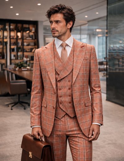 Statement Mens Modern Fit 3 Piece 100% Super Wool Windowpane Suit – Double Breasted Vest, Peak Lapel