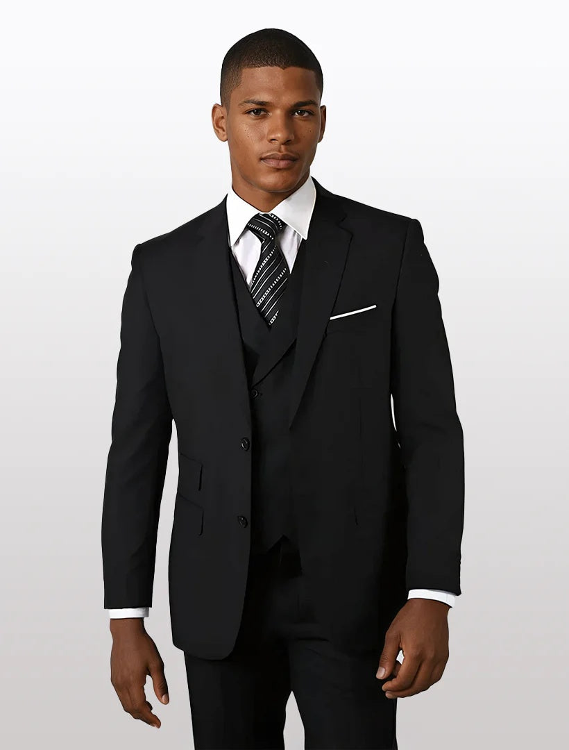 34 Statement Mens Black Modern Fit 100% Wool Vested Suits