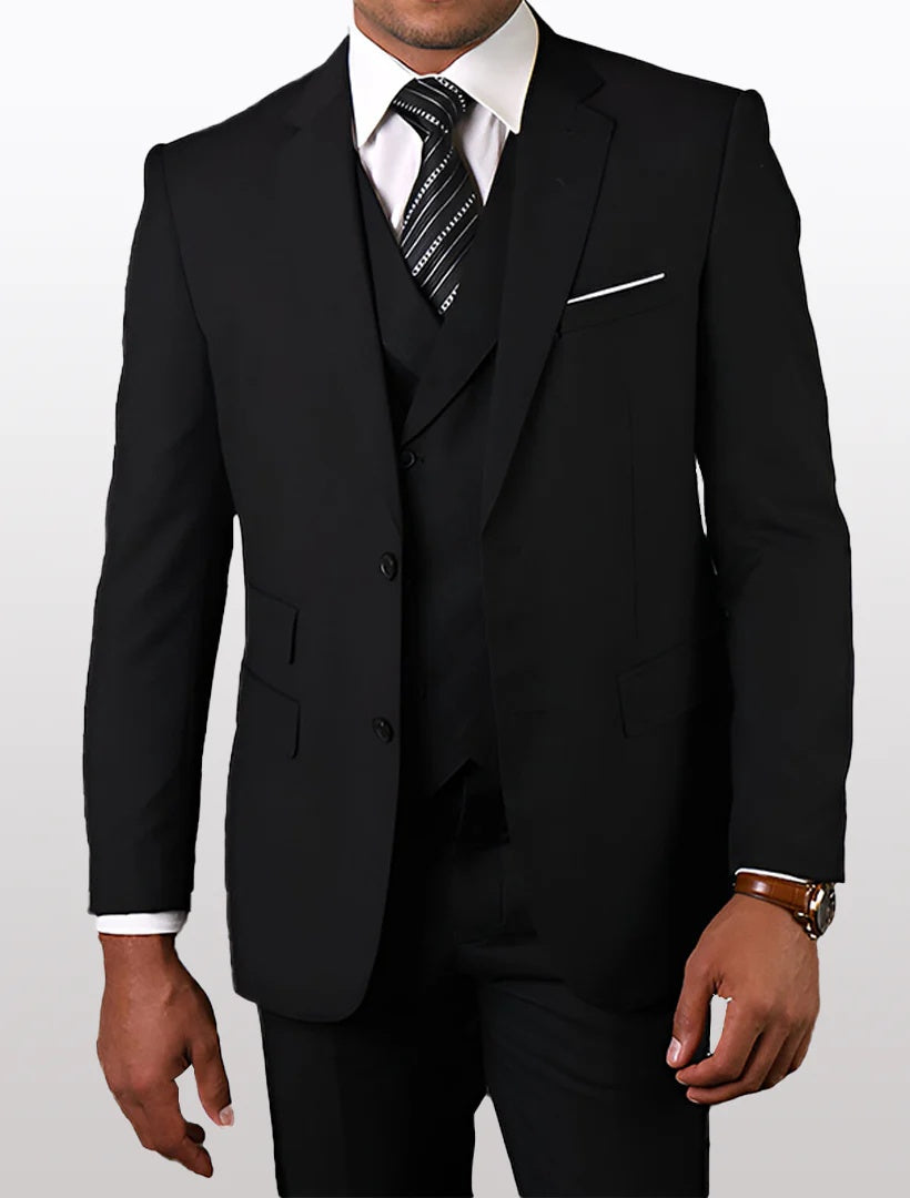 Statement Mens Black Modern Fit 100% Wool Vested Suits - 34 Short or Extra Small