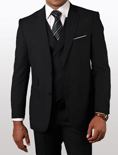 Statement Mens Black Modern Fit 100% Wool Vested Suits