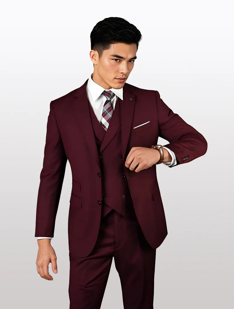 Statement Mens Burgundy Modern Fit 100% Wool Vested Suits - 34 Short or Extra Small
