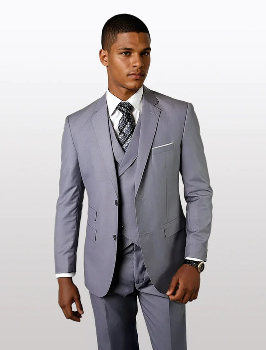 Statement Mens Grey Modern Fit 100% Wool Vested Suits