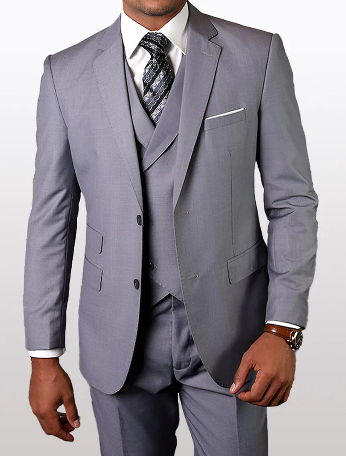 Statement Mens Grey Modern Fit 100% Wool Vested Suits