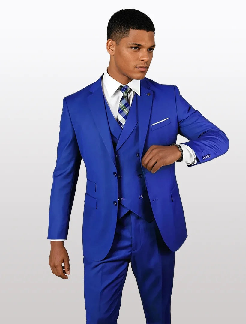 Statement Mens Royal Blue Modern Fit 100% Wool Vested Suits - 34 Short or Extra Small