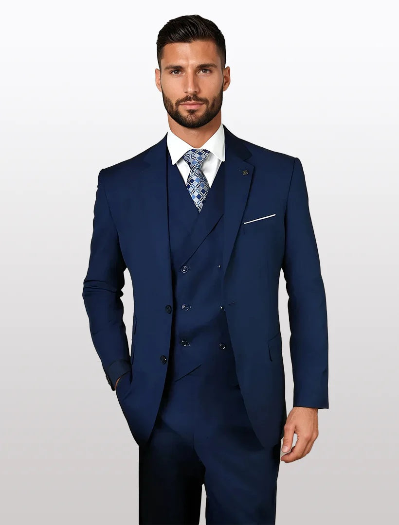 Statement Mens Sapphire Blue Modern Fit 100% Wool Vested Suits - 34 Short or Extra Small
