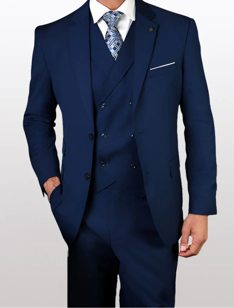 Statement Mens Sapphire Blue Modern Fit 100% Wool Vested Suits - 34 Short or Extra Small