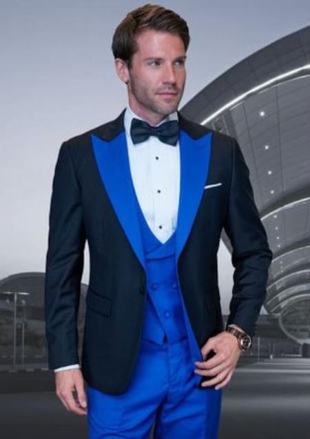 Statement Fashion Tuxedo Suit Mens Royal Two Tone 3 Piece blue - 38 Short Jacket+32 Waist Adjustable 28to34)(Height: 5 4 to5 7 )(Neck  15-16.5)S-M)
